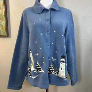 Coastal Lighthouse Winter‎ Scene Embroidered Fleece Jacket Size L